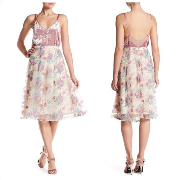 Nanette Lepore NWT Embroidered Pink & Blue Lace Floral Full A-line Skirt 2 - Picture 3 of 7